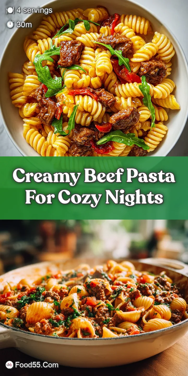 Close-up: Beefy pasta strands coated in a lush, pale sauce, with savory browned bits, promising a warm and comforting bite.