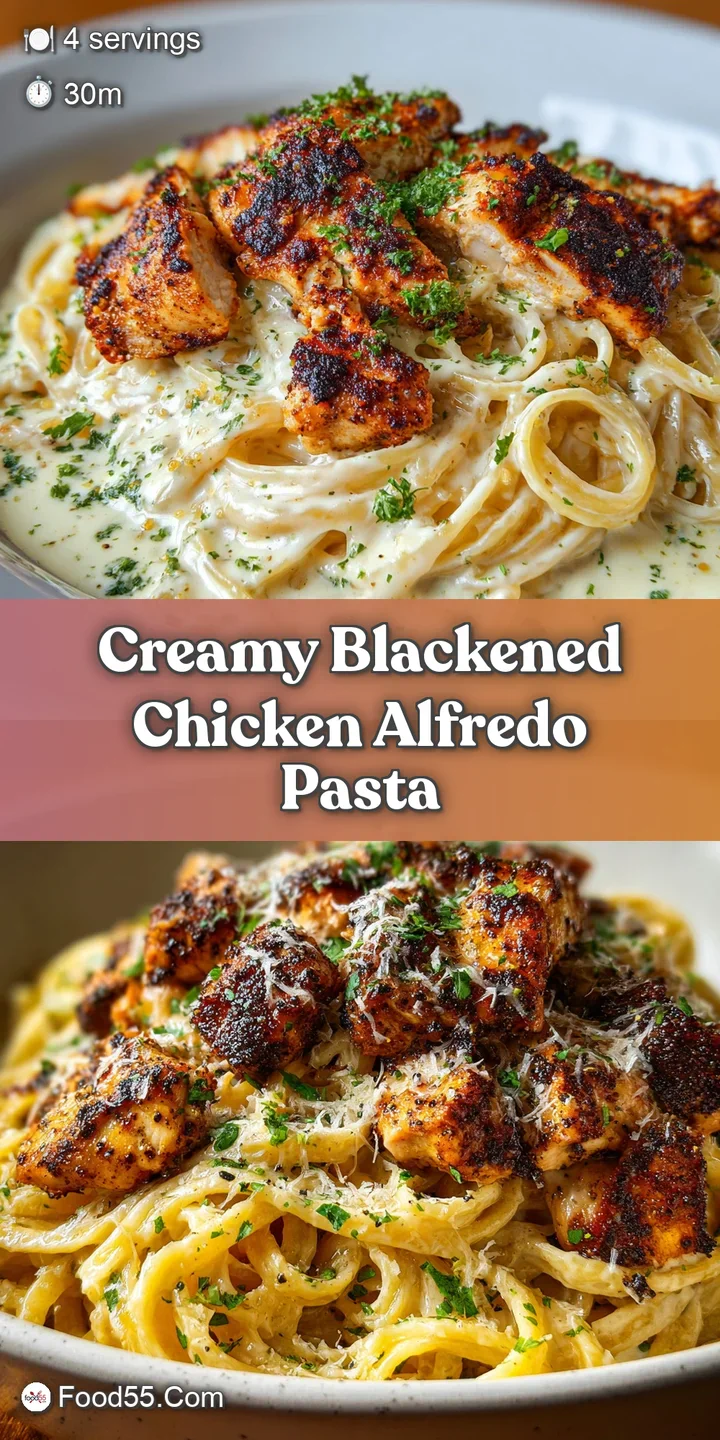 Close-up of blackened chicken alfredo pasta; creamy sauce clings to the noodles, pepper crust on the chicken, inviting & f...