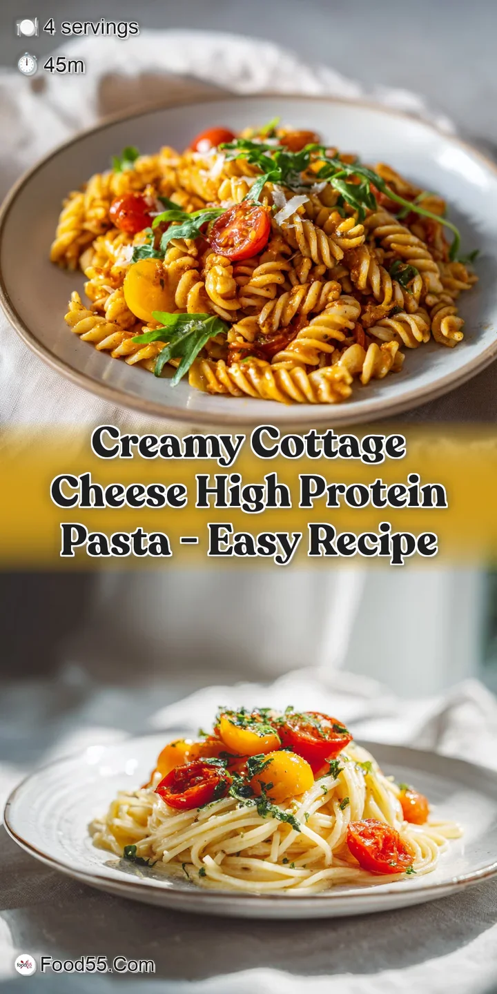 Close-up of rigatoni coated in thick cottage cheese sauce with herbs and parmesan on a dark plate