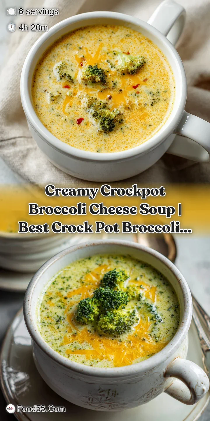 Close-up of rich, cheesy broccoli soup, showing tender florets and a velvety smooth texture.