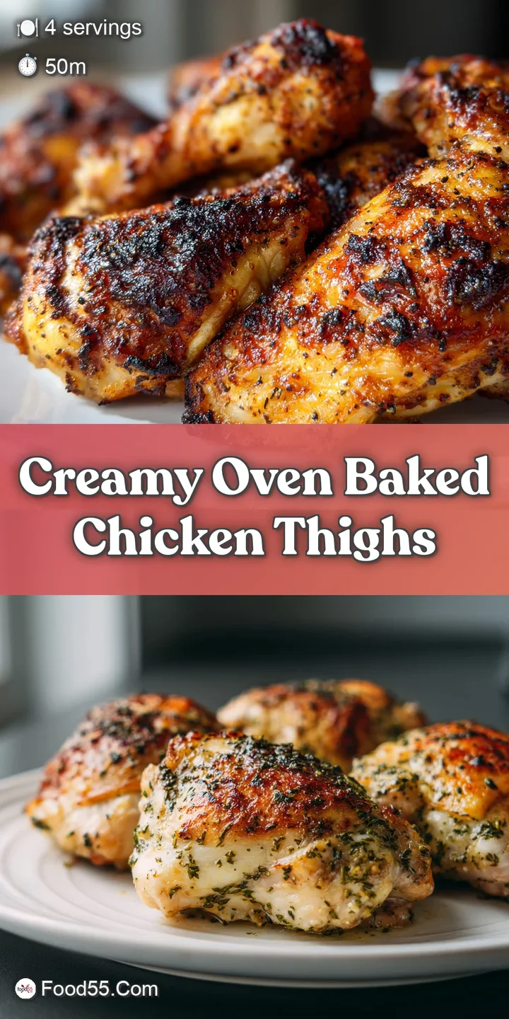 Close-up of baked chicken thigh, showing the crispy, browned skin, and creamy sauce pooling around the flavorful meat.