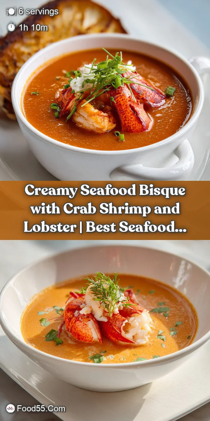 Close-up of creamy bisque with glistening lobster pieces and a swirl of rich sauce.