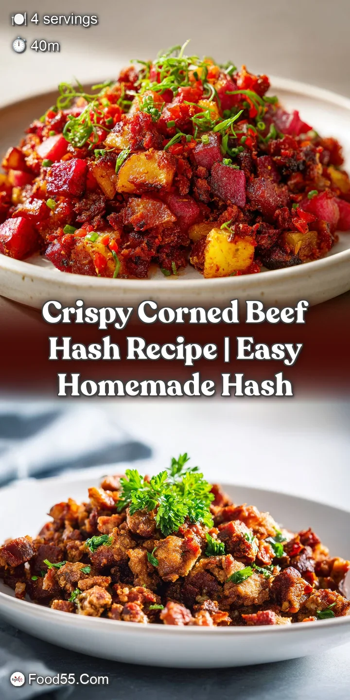 Close-up on corned beef hash: browned potatoes, savory meat, and a bright yellow egg yolk create a delectable and tempting...