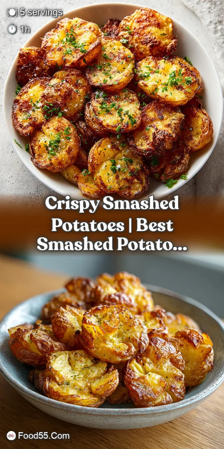 Close-up of perfectly smashed, golden-brown potatoes revealing a fluffy interior and crispy edges.