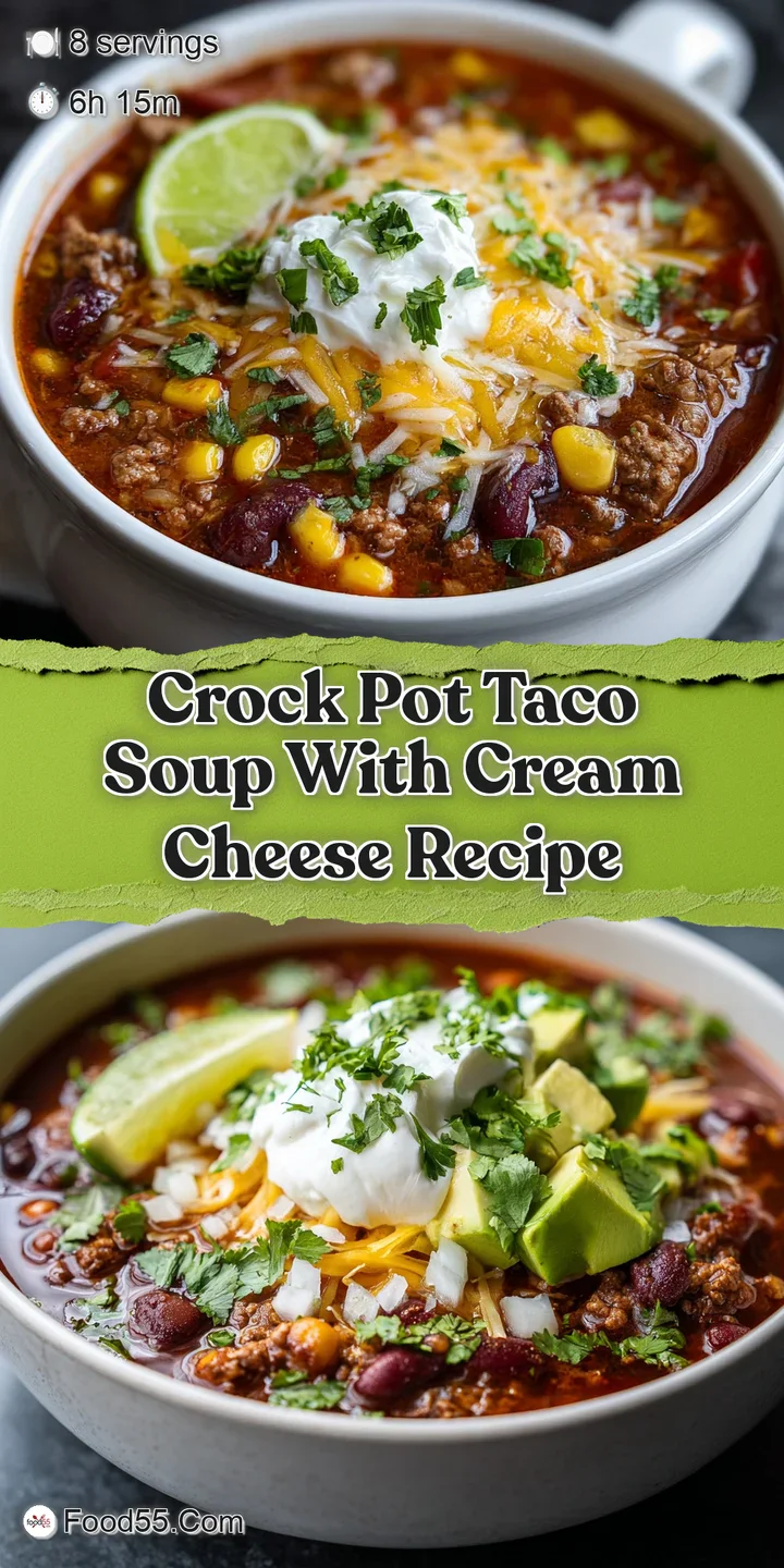 Close-up of rich, simmering taco soup with melted cheese threads; a hearty, textured mix of vegetables and browned ground ...