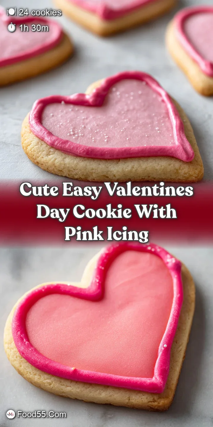 Close-up of a heart-shaped cookie. Soft pink icing, sprinkles catch the light, velvety crumb visible. A tempting Valentine...