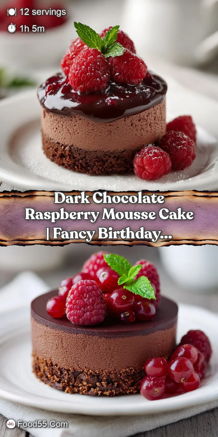 Close-up shows a decadent, dark chocolate raspberry mousse cake with a glossy sheen. Fresh raspberry adds a vibrant pop of...