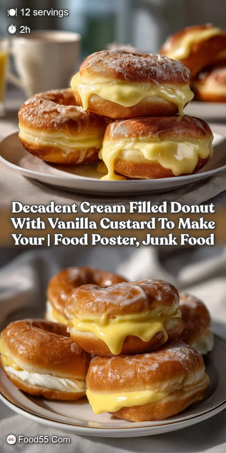 Close-up of a glazed donut revealing a rich vanilla custard filling; the textures of the dough and creamy center create a ...