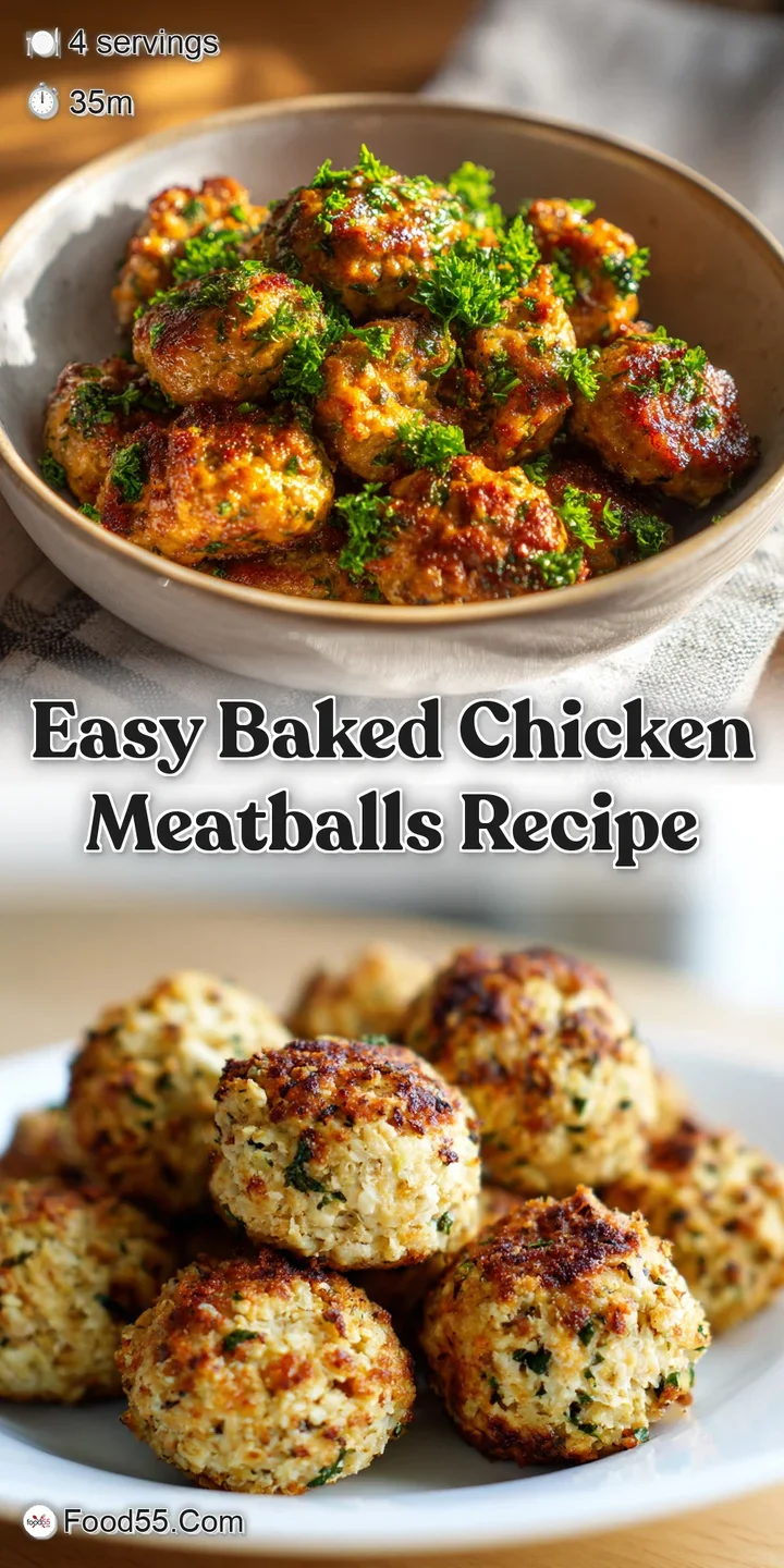 Close-up of a plump, glistening baked chicken meatball, lightly browned and textured. Hints of herbs and spices visible th...