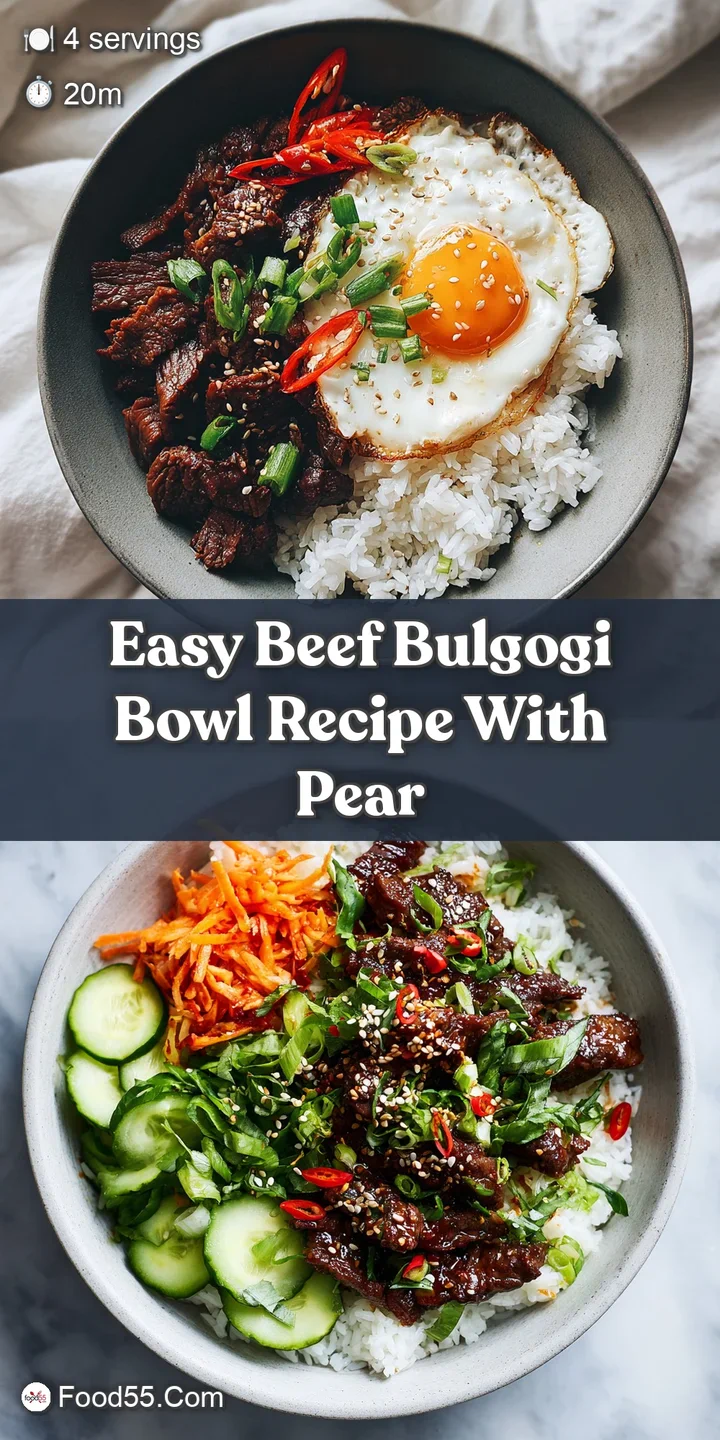 Close-up of juicy Bulgogi beef with caramelized edges, nestled with vibrant pear. Steam rises from the bowl, inviting a ta...