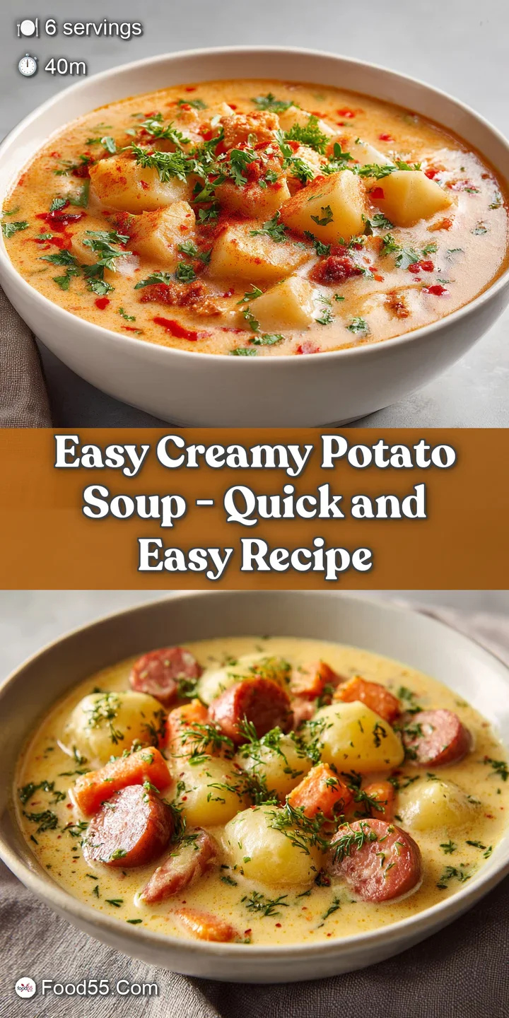 A luscious, thick potato soup with a glossy sheen, showing delicate swirls of cream and flecks of green garnish.