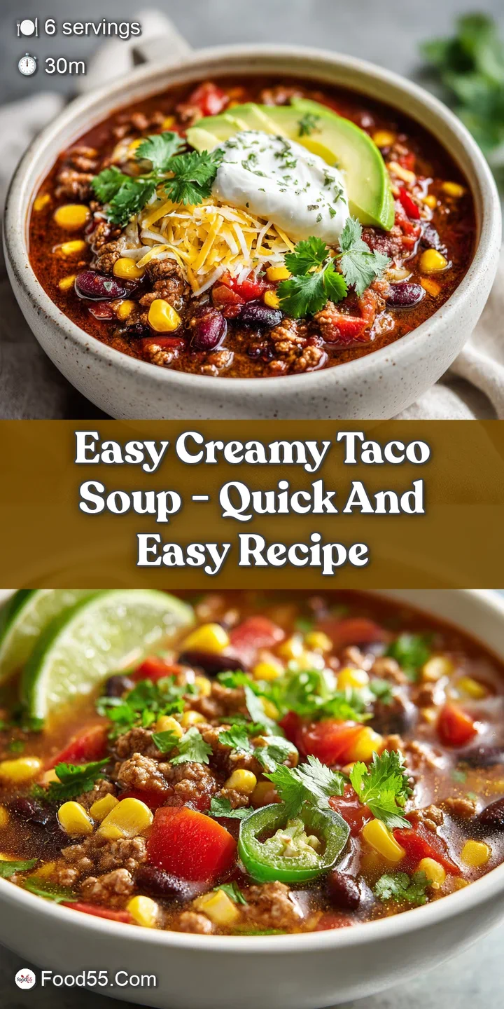 Close-up of rich, textured taco soup, showing bits of ground beef, beans, and corn in a savory, slightly spicy broth. Stea...