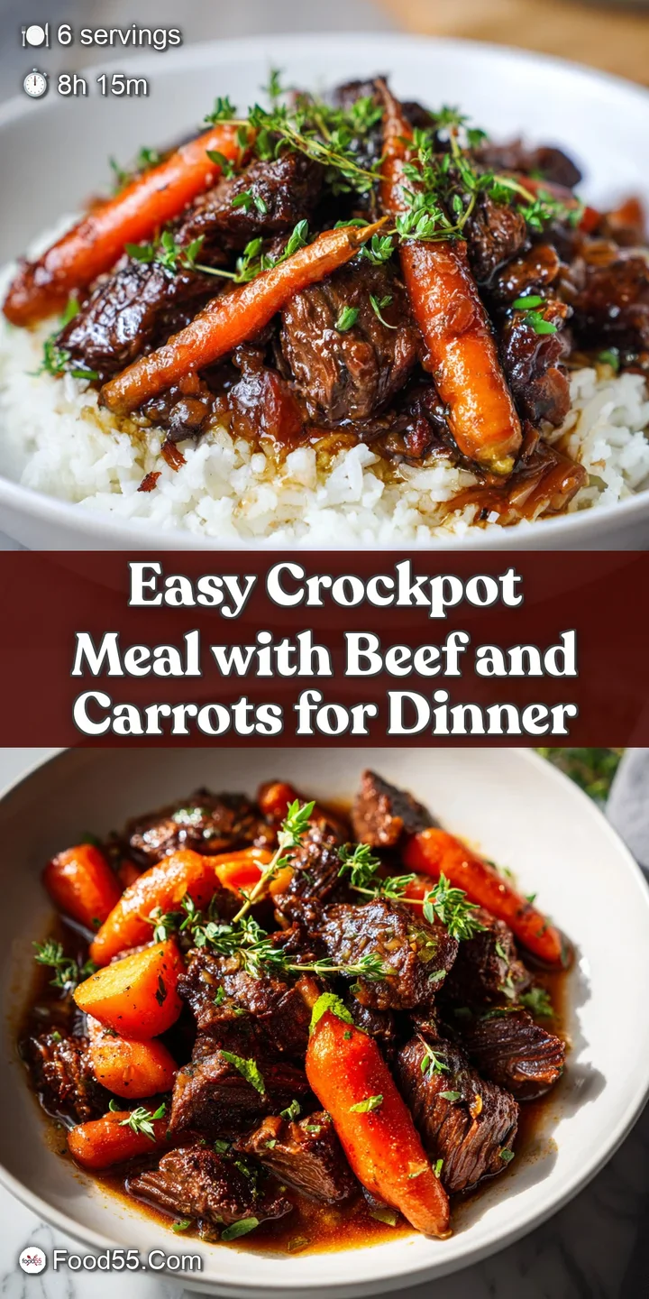 Close-up of fork-tender beef and soft carrots bathed in a deep, flavorful sauce. Steam gently rises, inviting a hearty, sa...