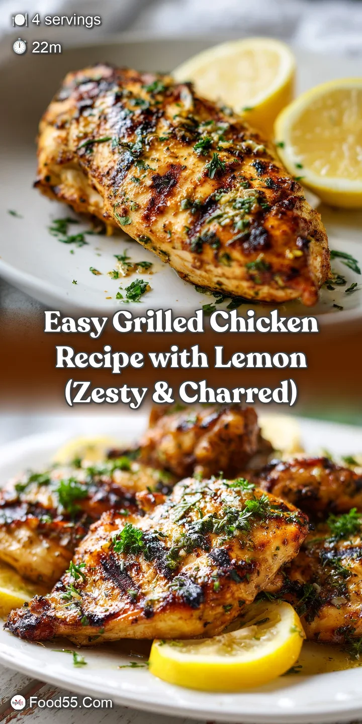 Glistening chicken fillet with charred edges and a tangy lemon-garlic sauce drizzled on top