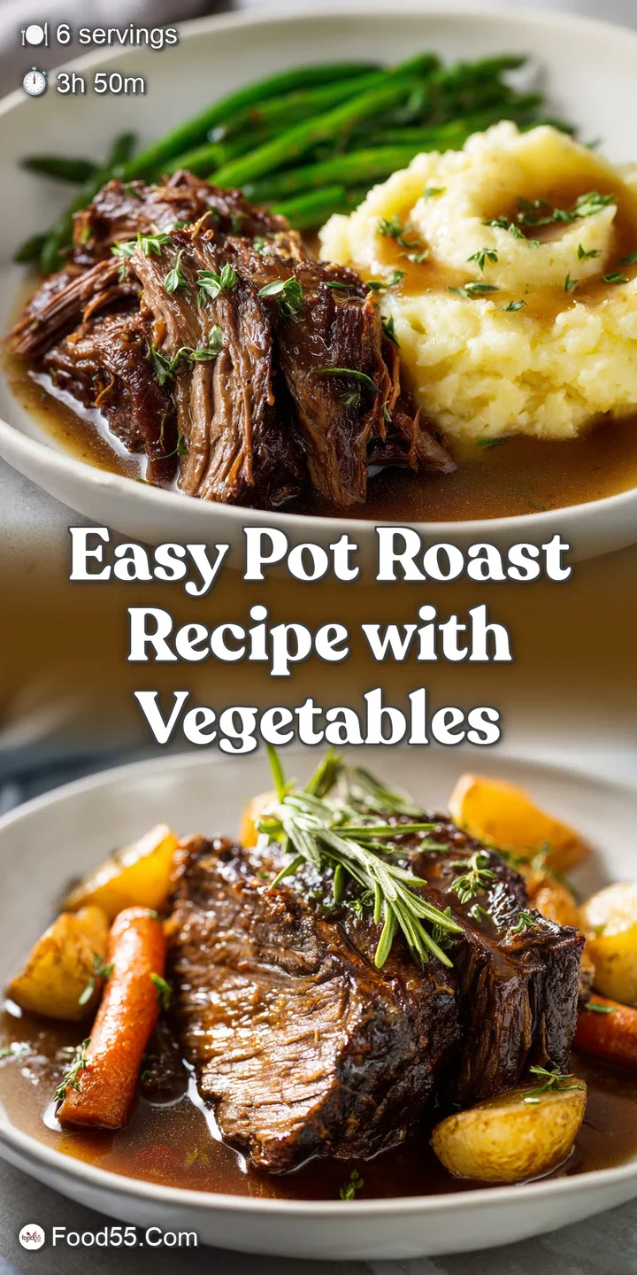 Close-up of shredded pot roast, glistening with savory juices and flecked with herbs; a glimpse of carrots and potatoes be...