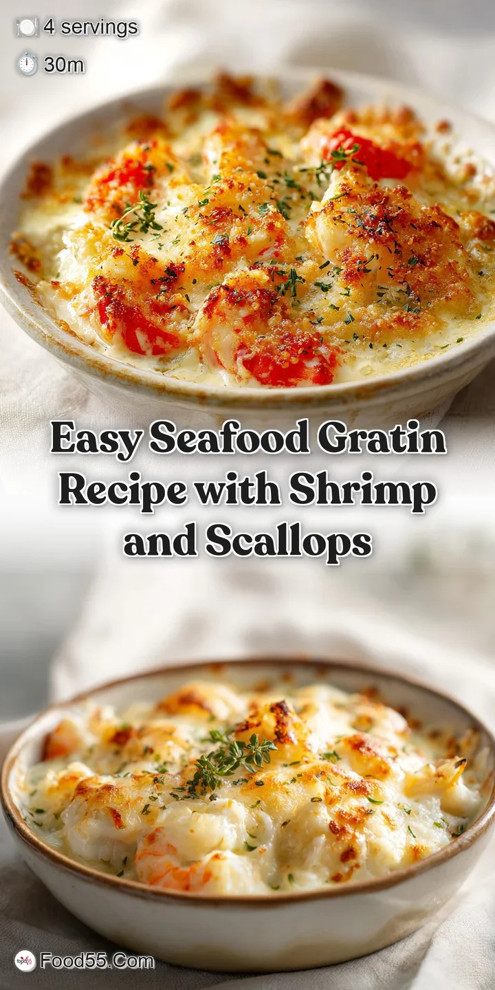 Close-up of a seafood gratin: bubbly, golden panko crust with visible shrimp and scallops in a rich, creamy sauce. Irresis...