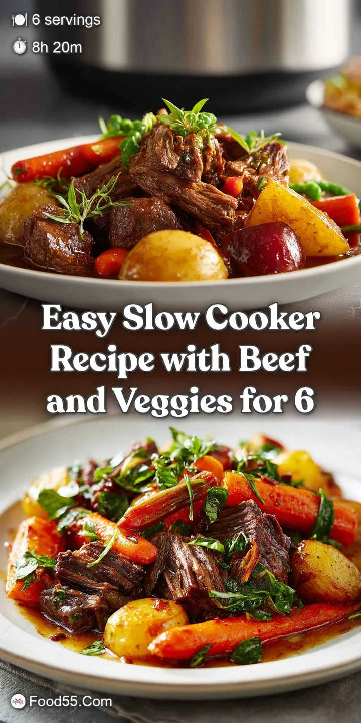 Close-up of tender beef chunks swimming in a dark, savory gravy, interspersed with colorful orange carrots and soft, cream...