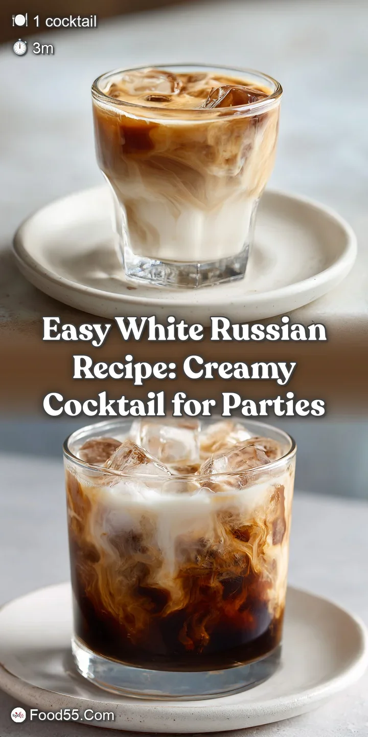 Close-up of a creamy white Russian cocktail with visible ice crystals, showcasing the smooth texture and layered colors in...