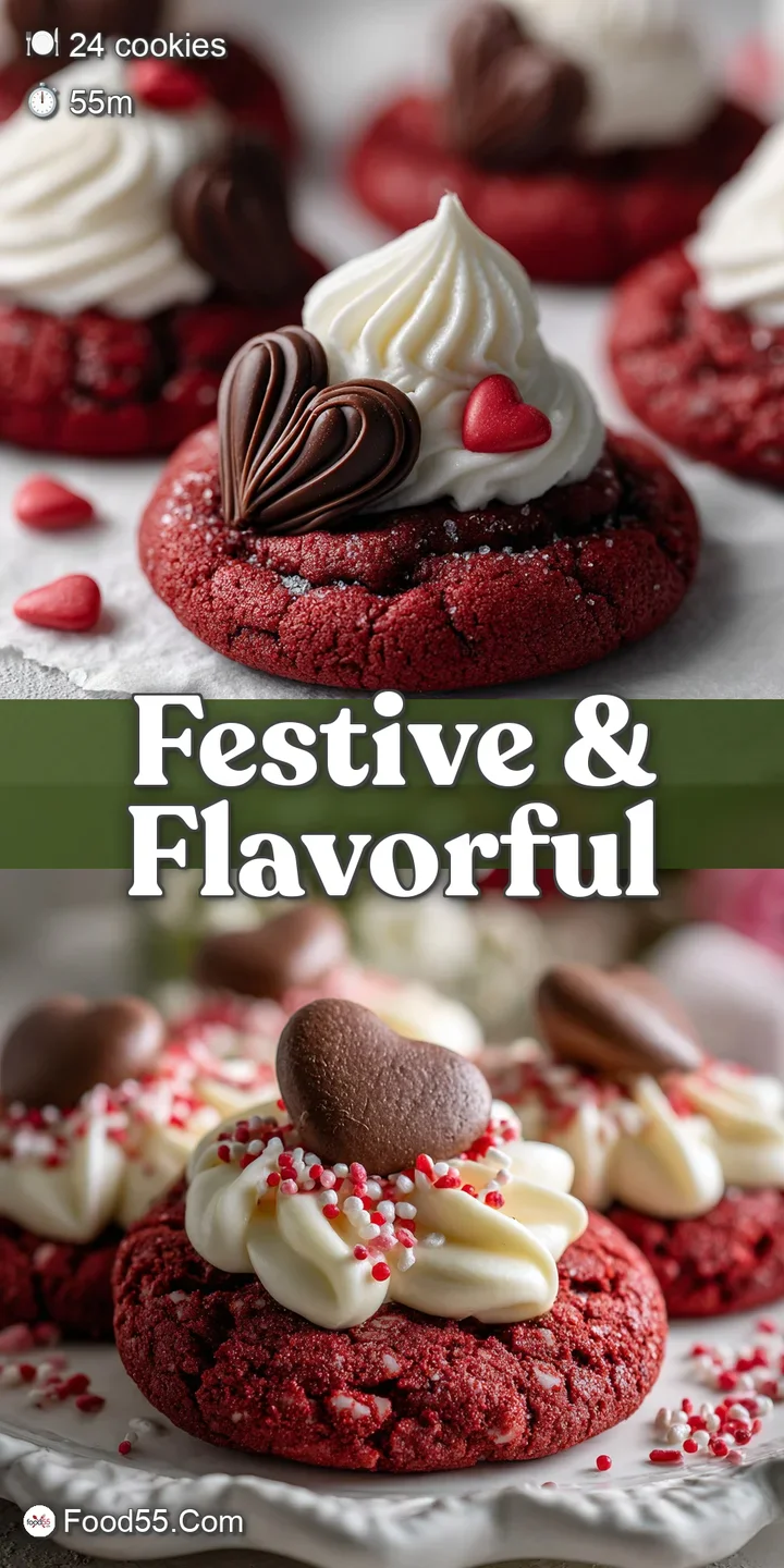 Close-up of a fudgy red velvet cookie, topped with a glossy chocolate kiss, showcasing its soft texture and vibrant color.