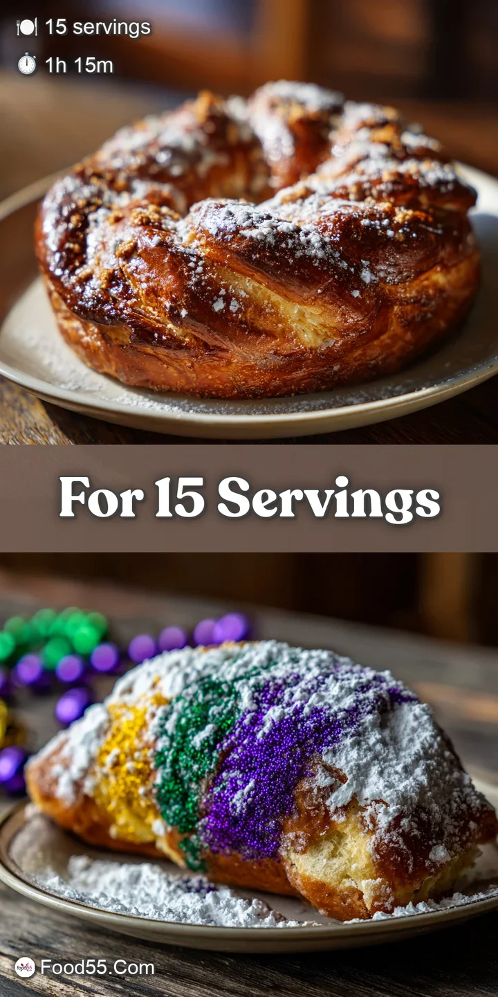 Close-up of King Cake, showcasing glistening icing, colorful sugar crystals, and a glimpse of the hidden plastic baby insi...