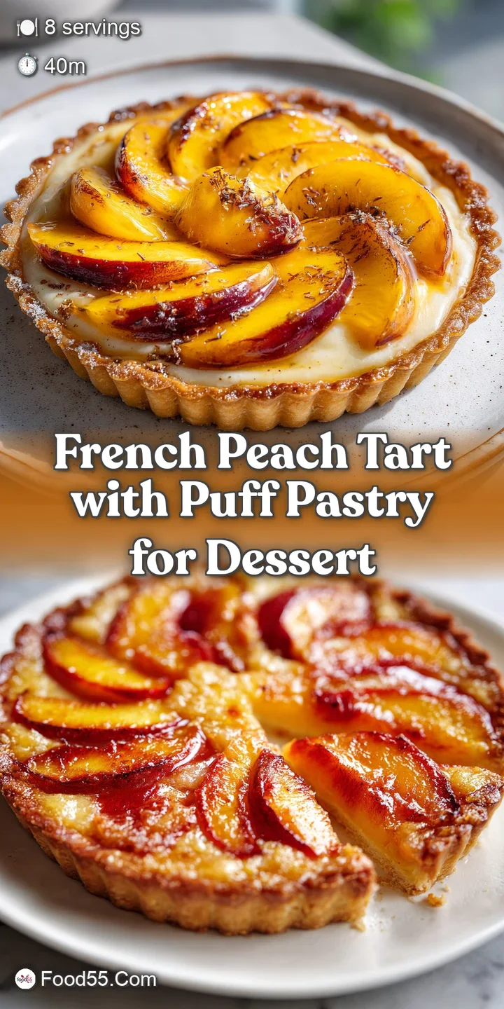 Close-up of a peach tart; warm, juicy peaches nestled in a buttery, crisp puff pastry crust, hinting at a sweet, summery t...