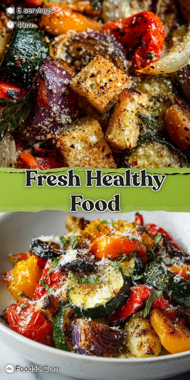 A tantalizing close-up of glistening, caramelized roasted vegetables with a bubbly, golden parmesan topping.