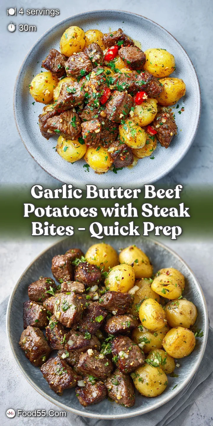 Mouthwatering close-up of tender beef and fluffy potatoes, shimmering with rich garlic butter and flecks of herbs, hot and...