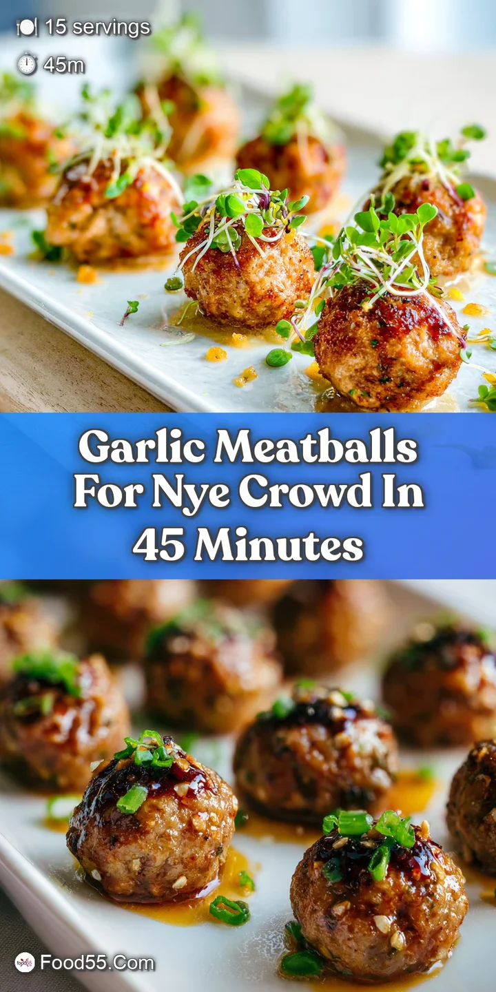 Close-up of a glistening garlic meatball, its browned surface catching the light, swimming in a vibrant red tomato sauce. ...