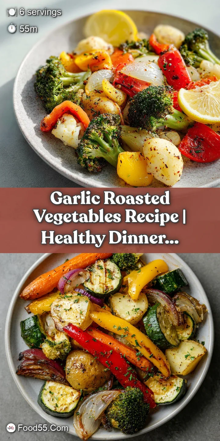 Close-up of glistening, tender roasted vegetables. Garlic cloves nestled amongst the medley create a tempting, savory visual.