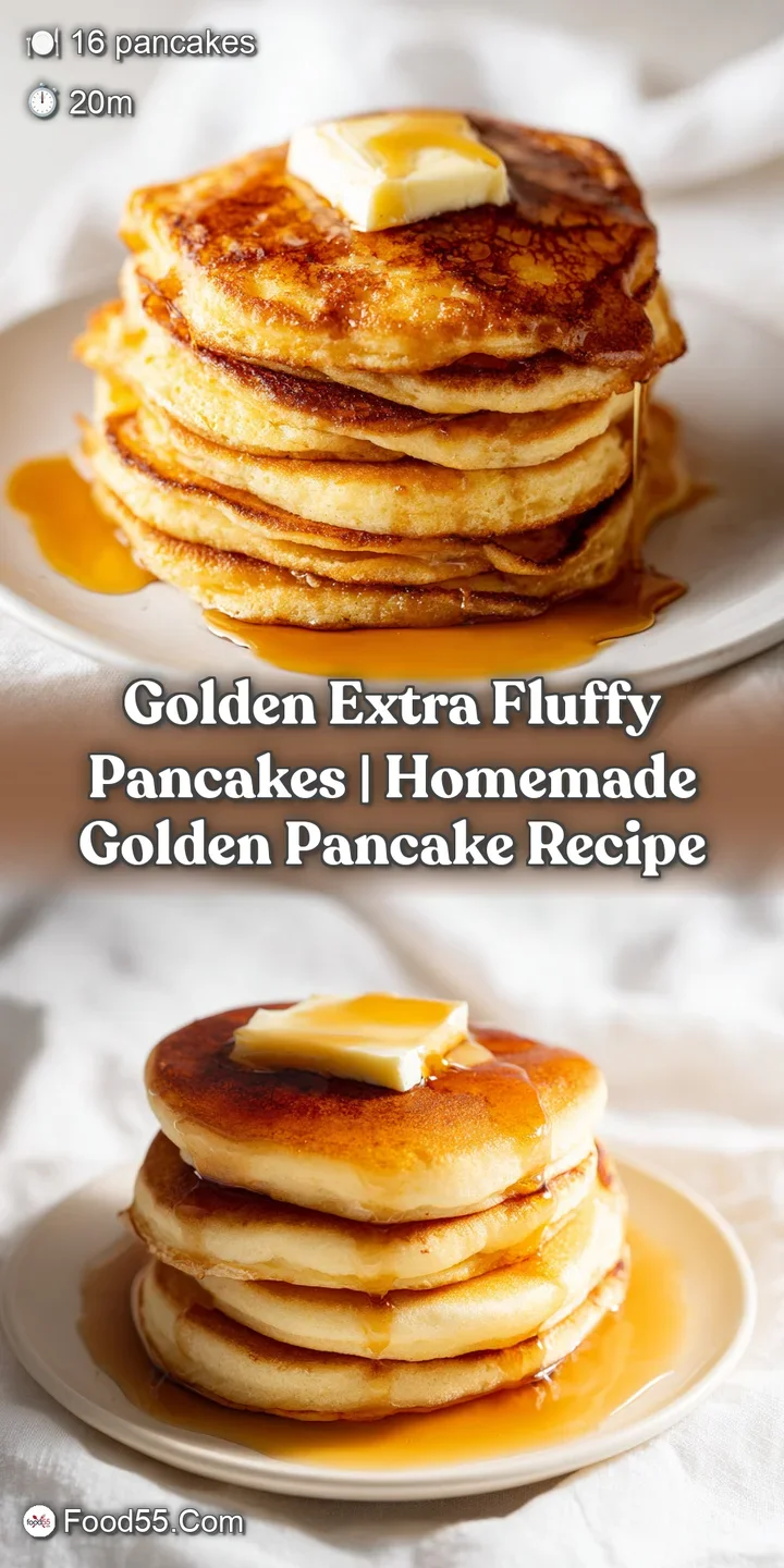 Close-up of amber maple syrup glistening as it drips down the sides of thick, airy, golden-brown cake layers.