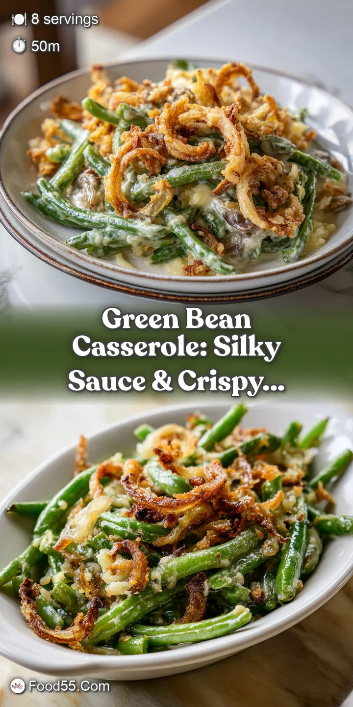 Close-up of green bean casserole: glistening, tender green beans coated in a rich, creamy sauce, topped with crunchy onions.