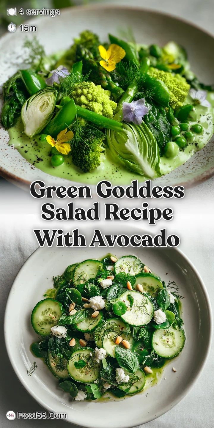 Close-up of a Green Goddess Salad: Smooth avocado, crisp lettuce, and vibrant herbs glisten with a creamy, light green dre...