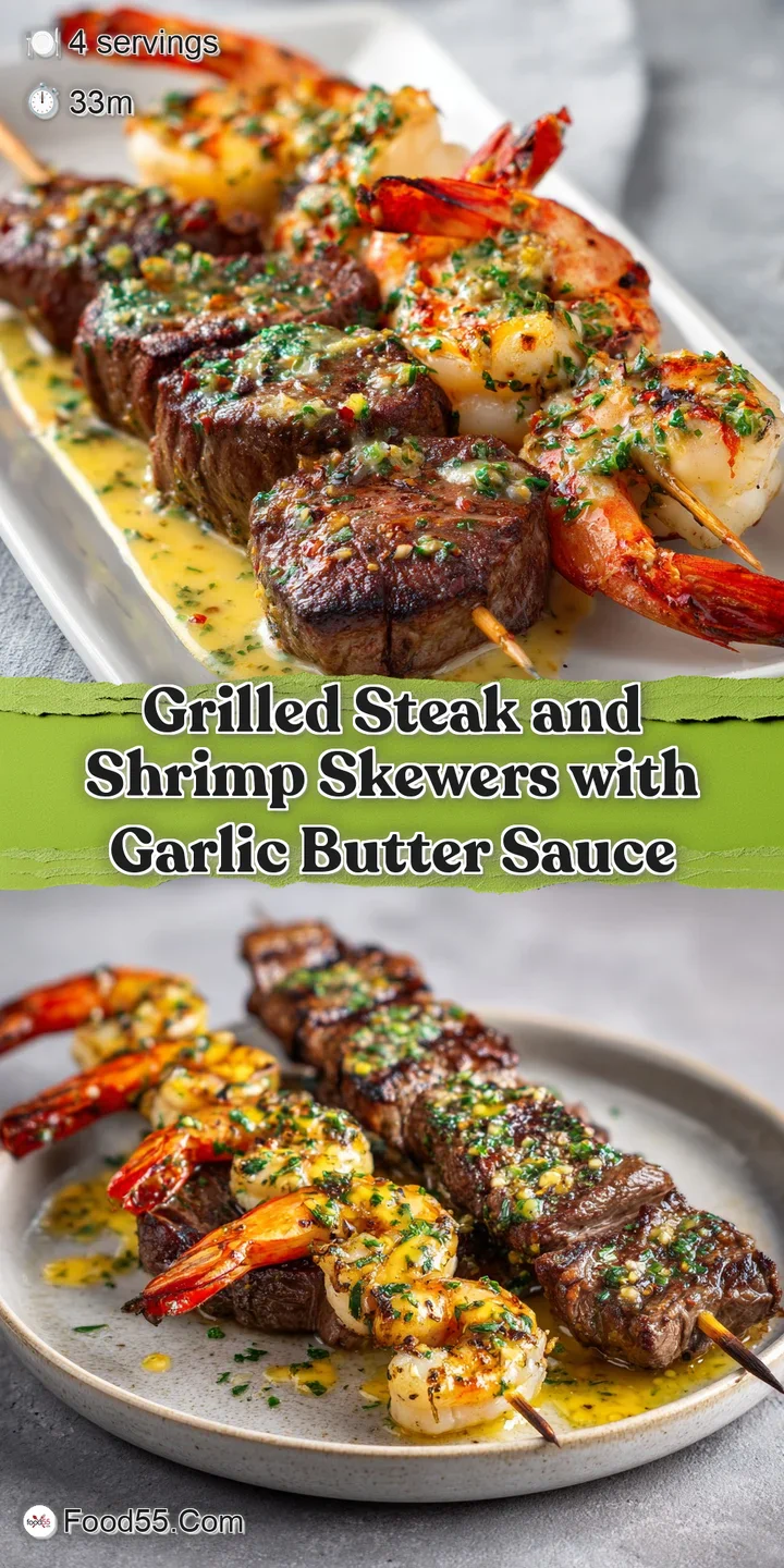 Juicy grilled shrimp and seared steak chunks with caramelized onions. Smoky char visible in a mouthwatering close-up.