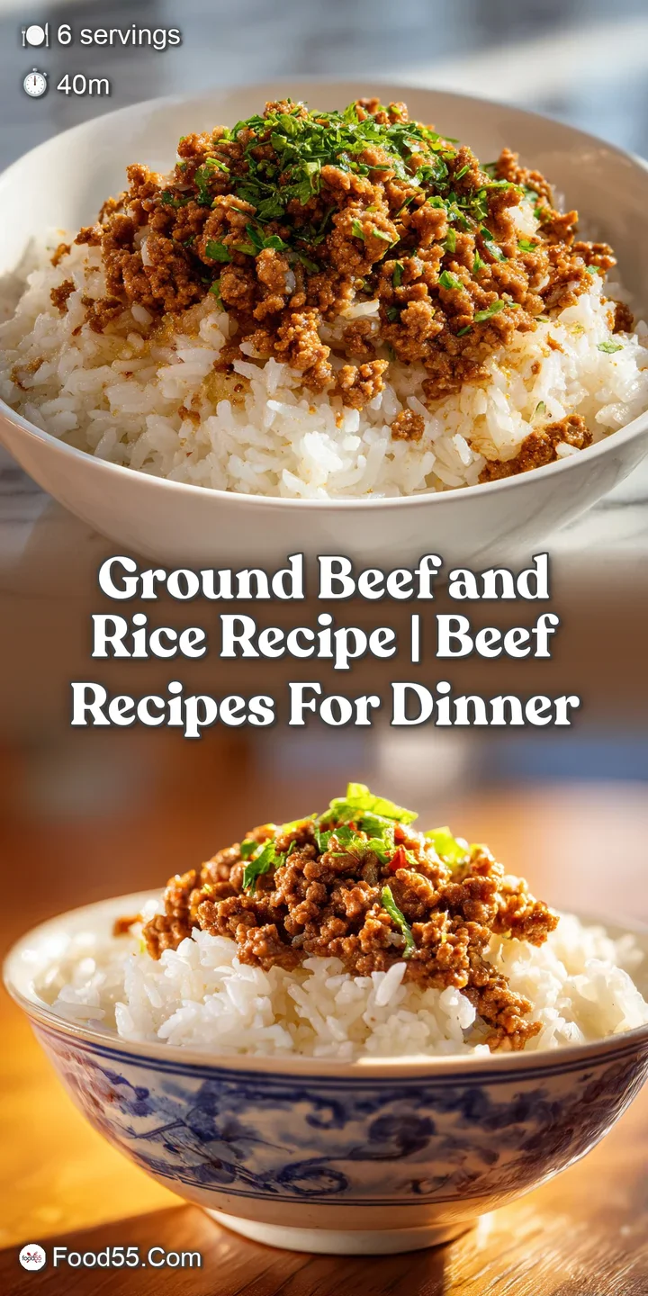 Macro shot of tender browned beef crumbles and glistening rice grains with steam rising from the savory dish.
