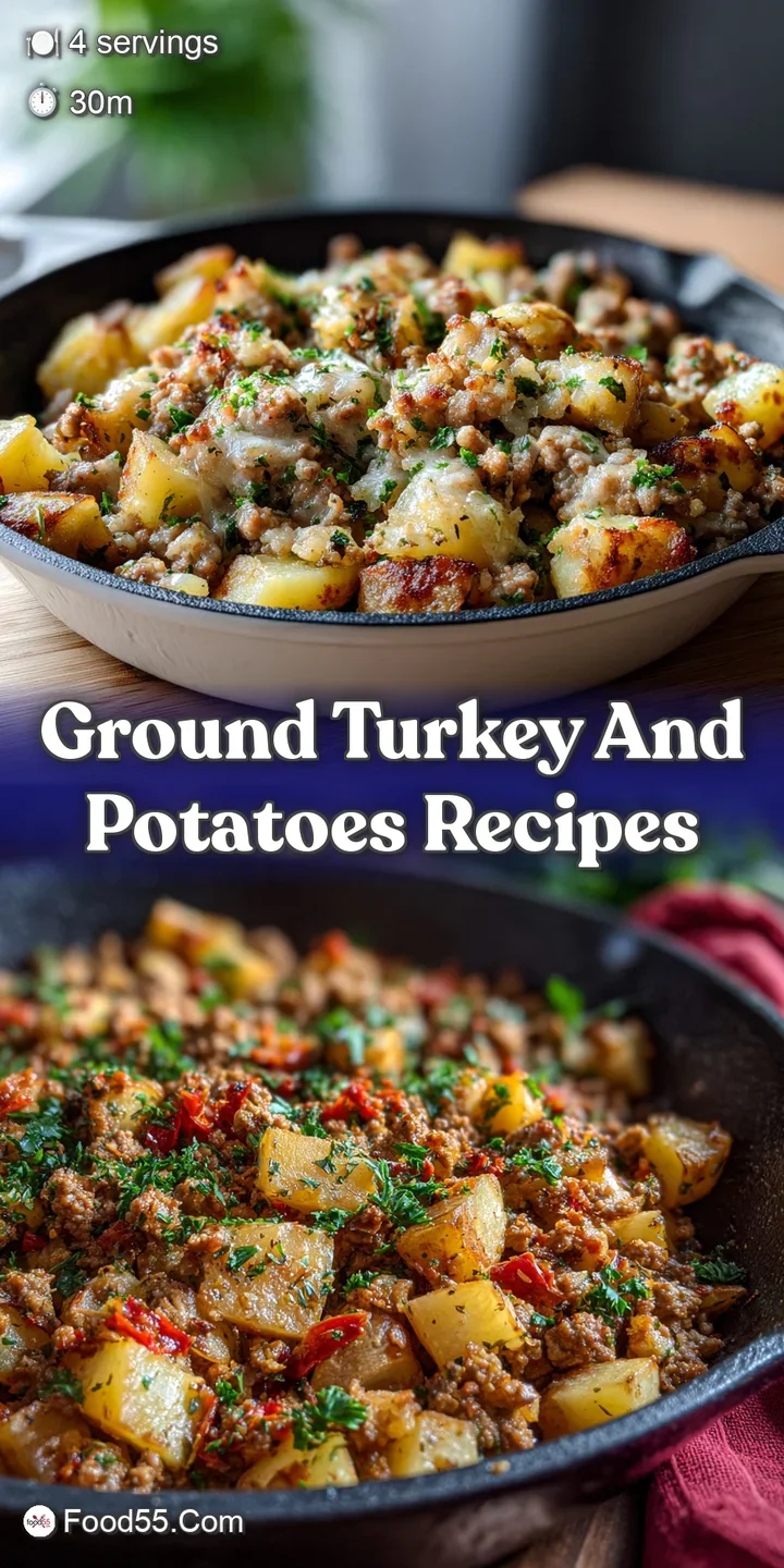 Close-up of the skillet: tender potatoes and savory ground turkey, flecked with garlic and herbs in a rich sauce.