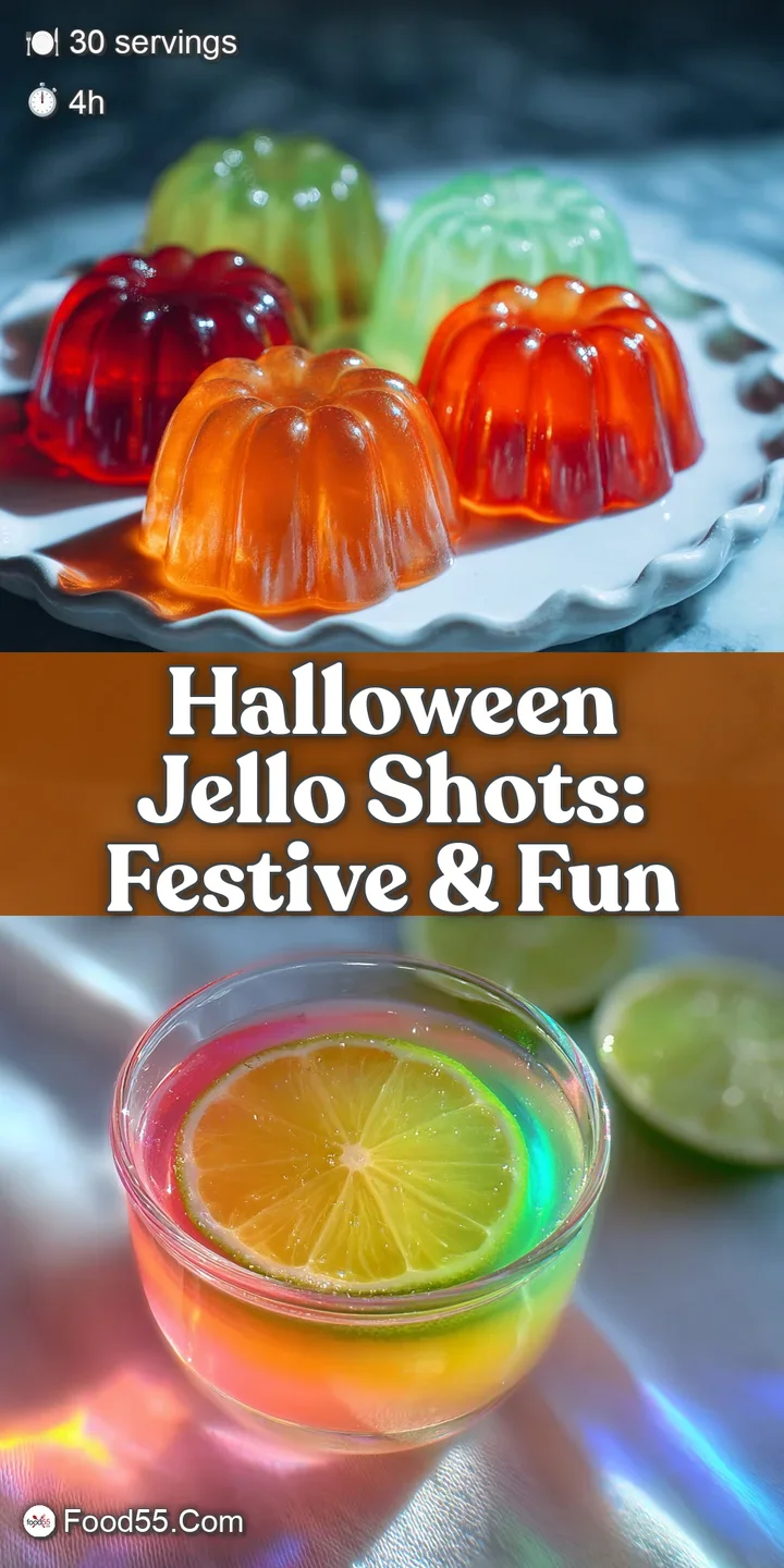 Close-up of vibrant orange jello shot topped with a grinning candy pumpkin, showcasing jiggly texture and festive Hallowee...