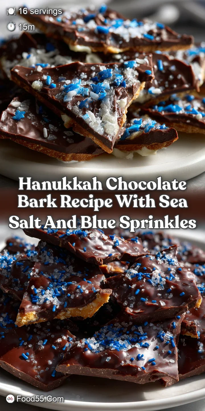 Close-up shot of glossy, dark chocolate bark studded with glistening sea salt and bright blue sprinkles. A mouthwatering c...