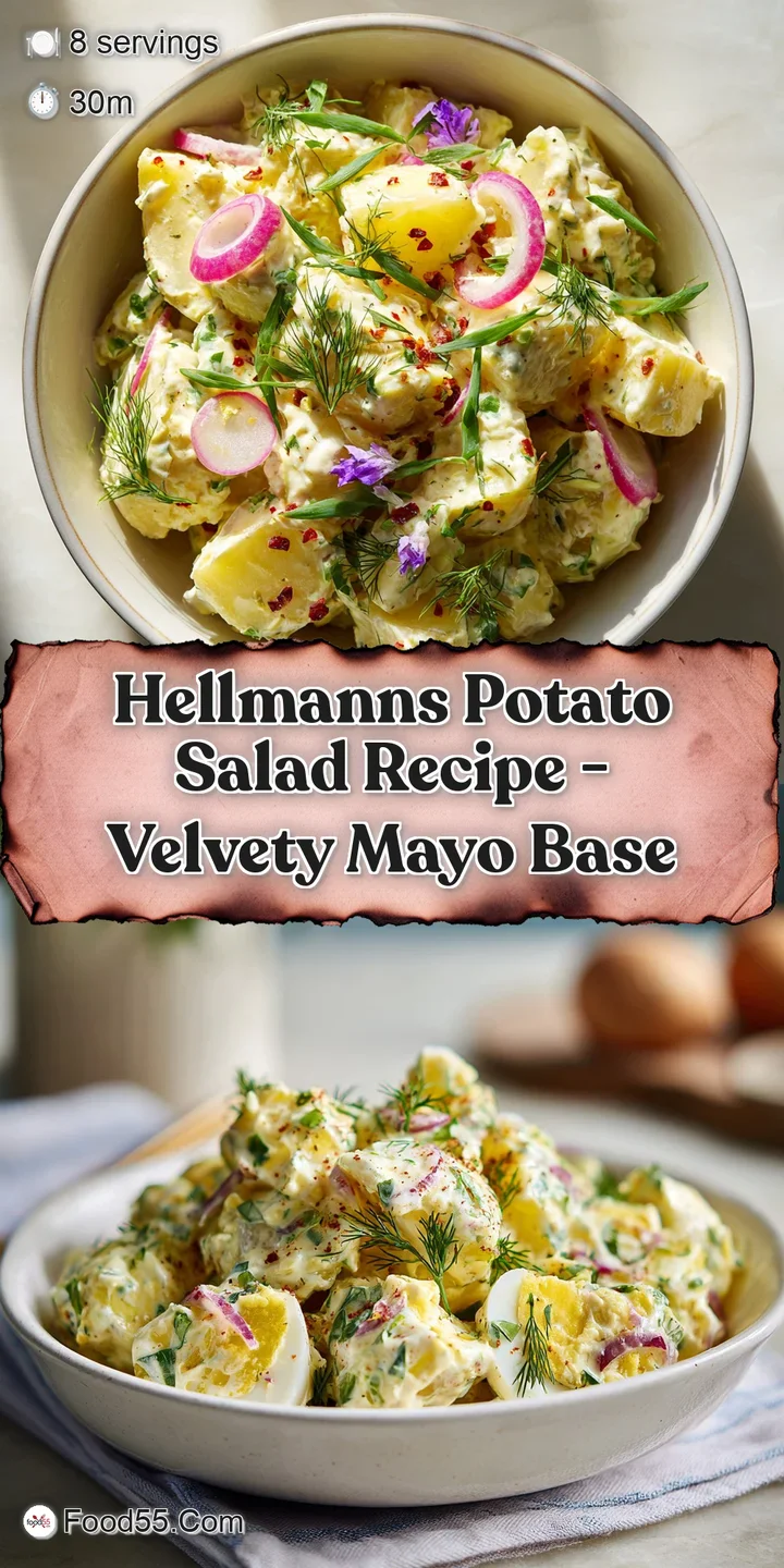 Close-up of potato salad: tender potatoes coated in a rich, creamy sauce with bits of celery and fresh herbs visible.