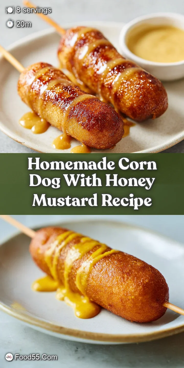 Close-up view of a crispy corn dog, the honey mustard glistening invitingly, showcasing the golden crust and plump sausage.