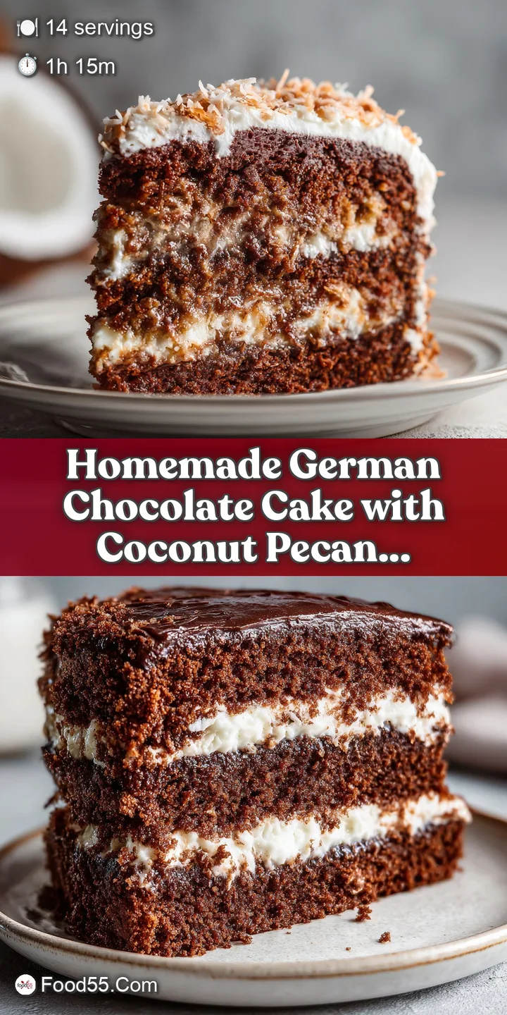 Close-up reveals moist chocolate layers studded with pecans and coconut, the frosting glistening invitingly, a textured an...