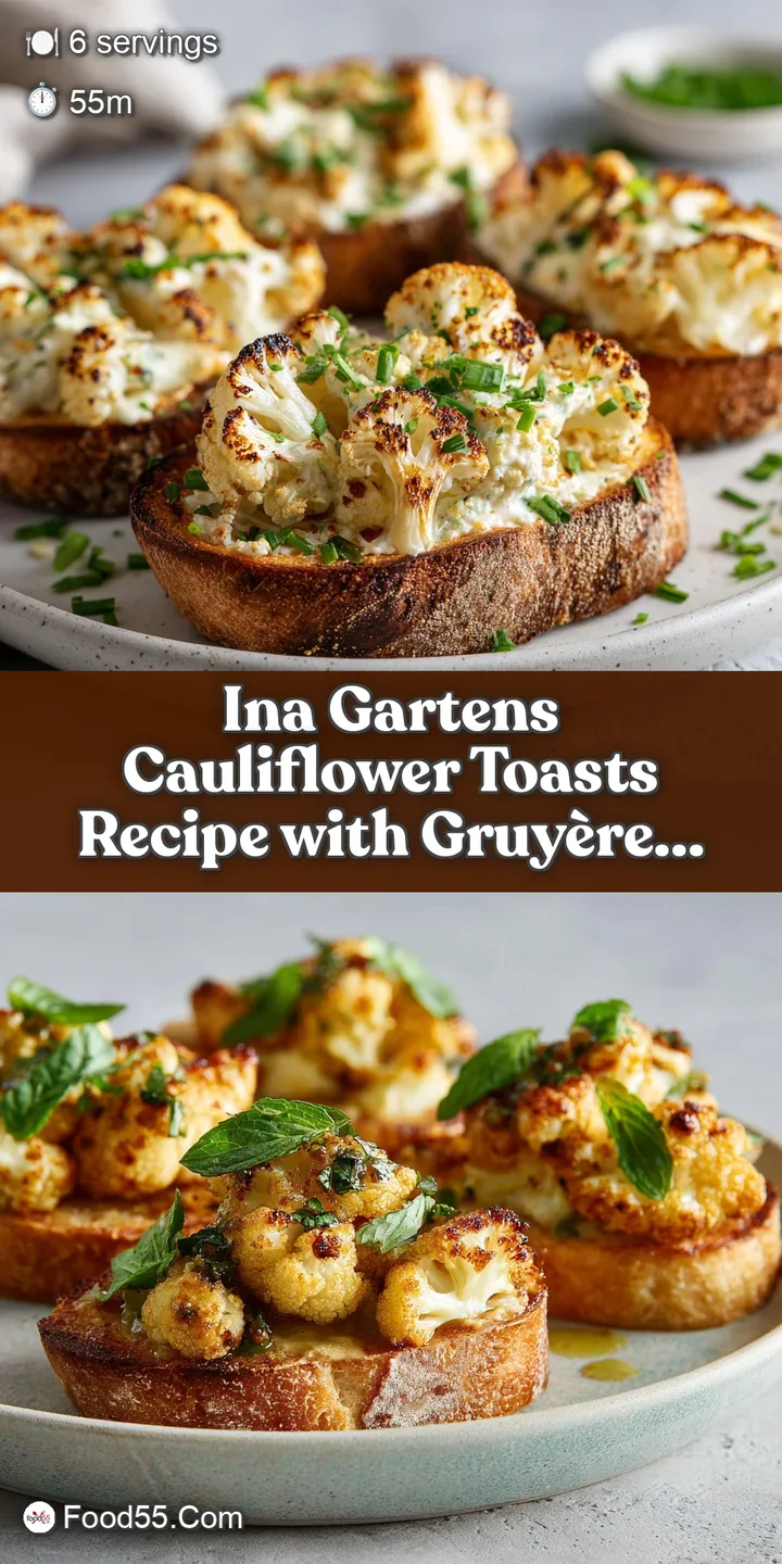 Close-up of a cauliflower toast highlighting the golden-brown crust, melted Gruy&egrave;re, and fresh thyme. Textural and cheesy ...