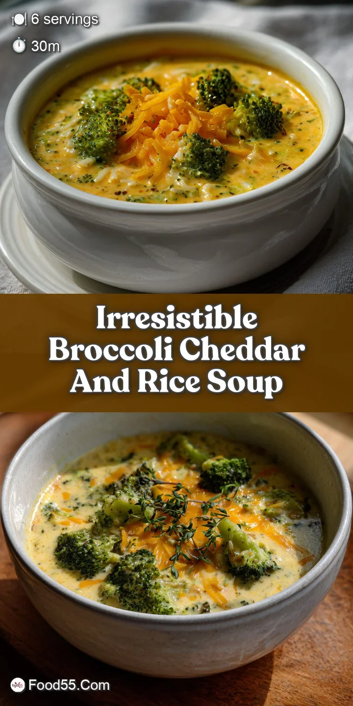Close-up: Creamy, cheesy broccoli cheddar rice soup. Green broccoli contrasts with melted orange cheese. Glistening, warm,...