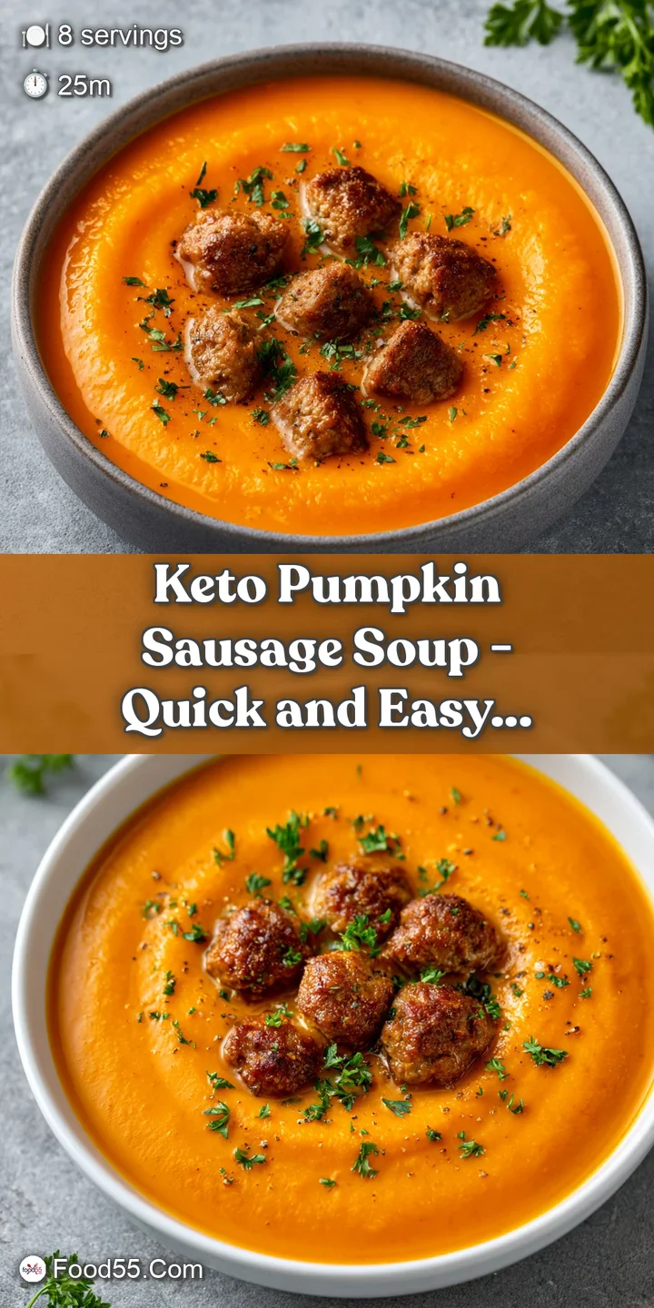 Close-up of velvety orange soup with glistening browned sausage bits and a sprinkle of fresh green herbs.