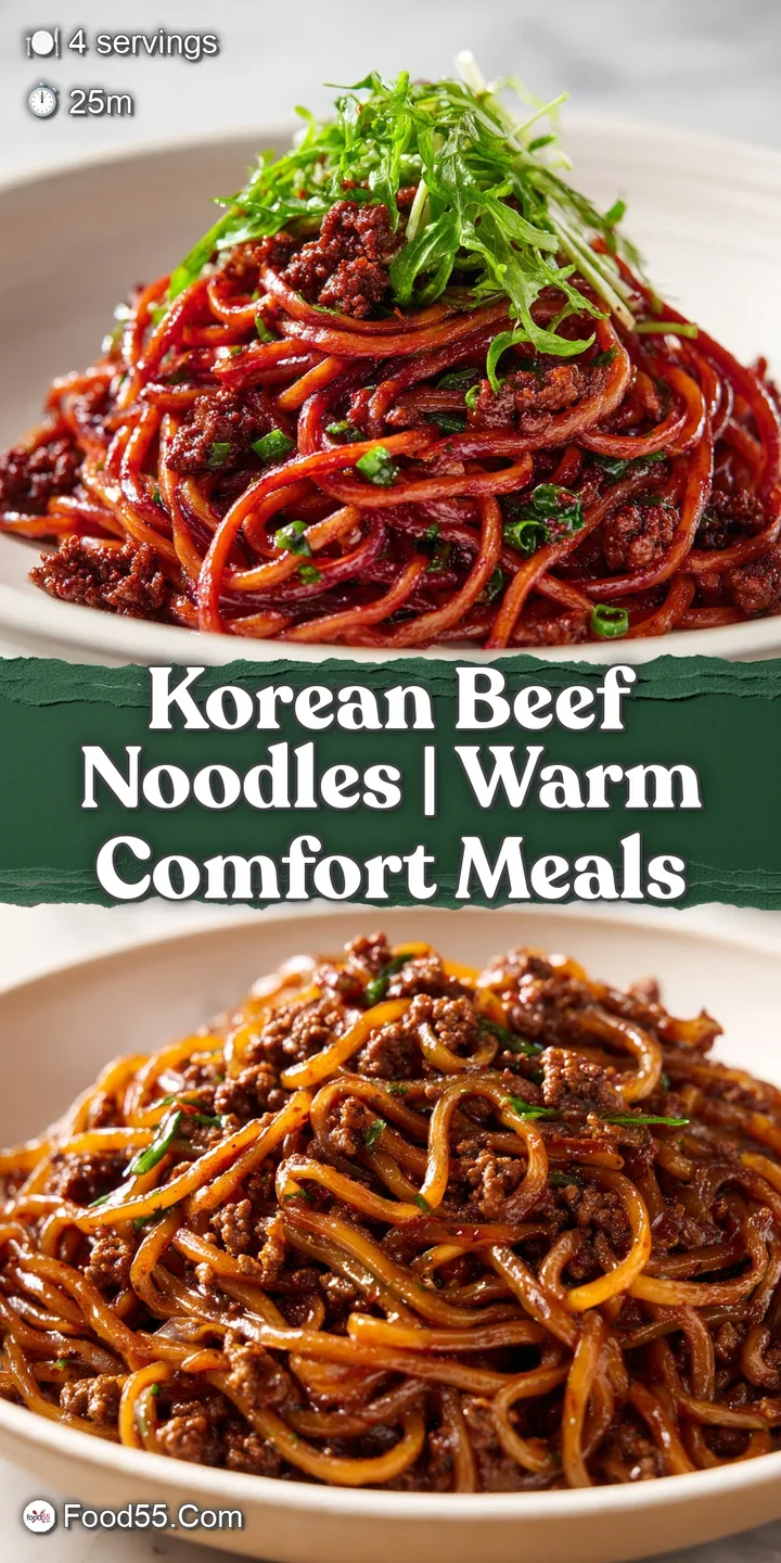 Close-up of glistening brown noodles and juicy beef strips topped with toasted sesame seeds and bright green herbs.