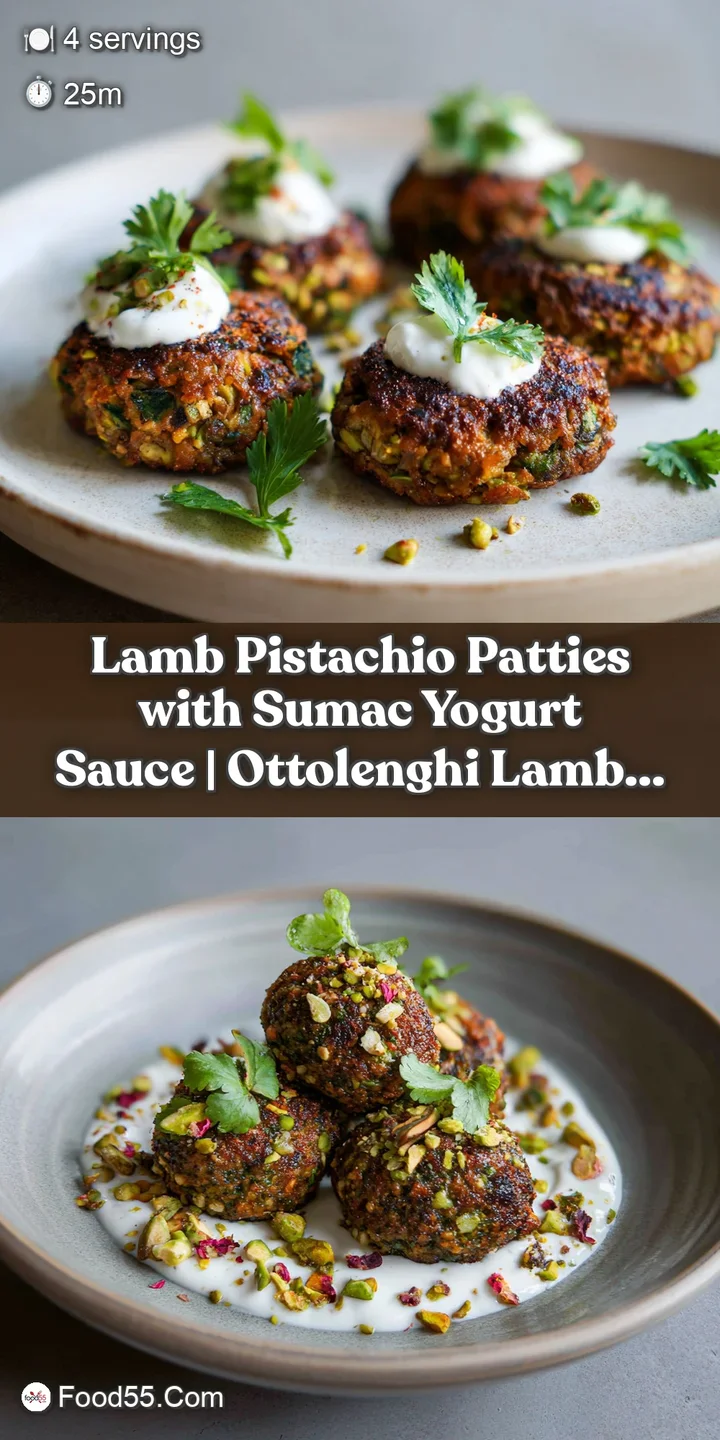 Close-up reveals the rich texture of a cooked lamb patty, sprinkled with chopped pistachios, alongside a spoonful of white...