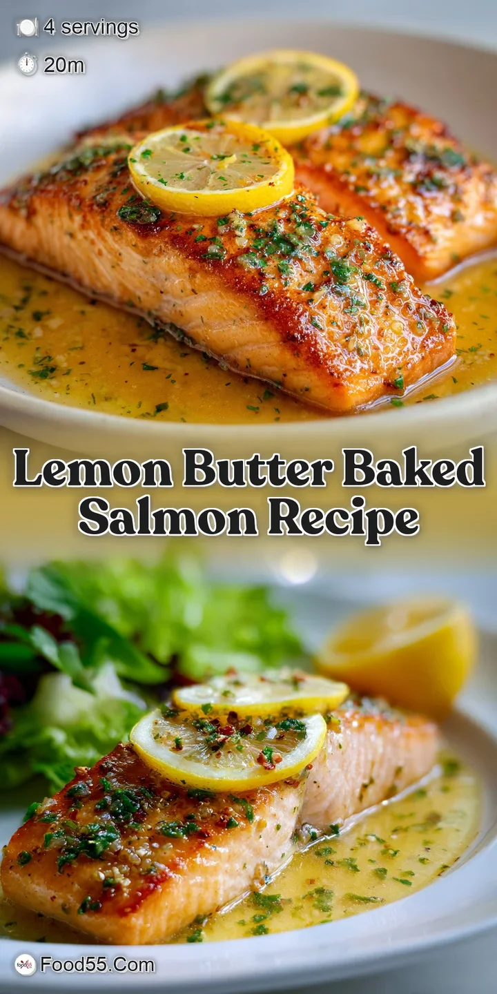 Close-up of succulent baked salmon, glistening with melted butter and flecks of herbs. Zesty lemon slice adds a burst of f...
