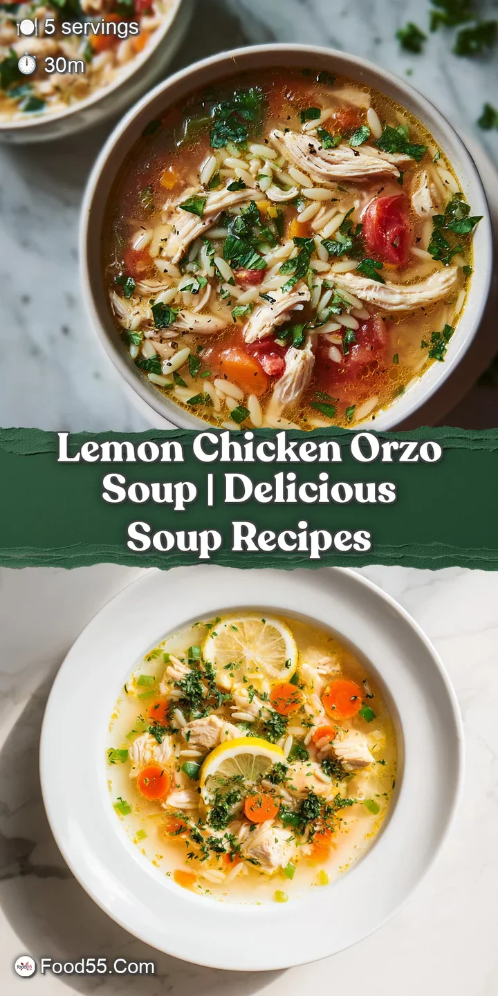 Close-up of velvety orzo soup, showcasing shredded chicken, orzo pasta, and glistening lemon zest.