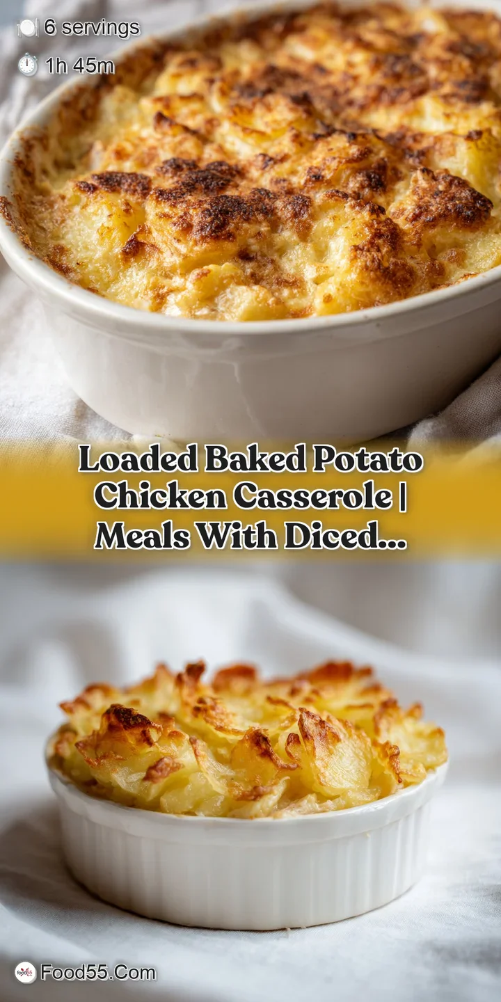 Close-up of melted golden cheese stretching over tender potato cubes and juicy chicken in a rich, creamy sauce.