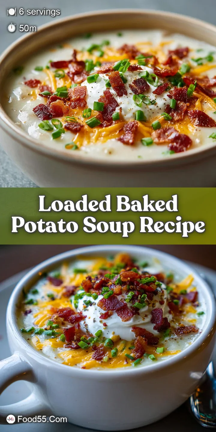 Close-up of rich, golden potato soup with melted cheese, smoky bacon, and fresh green onion. A comforting, hearty meal.