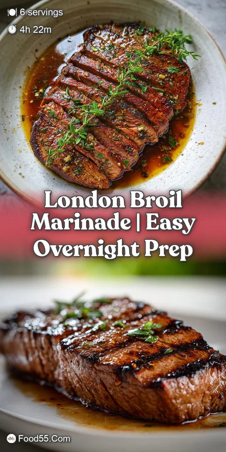 Close-up showcases the juicy, dark-brown crust and tender pink center of a perfectly marinated and cooked London broil steak.